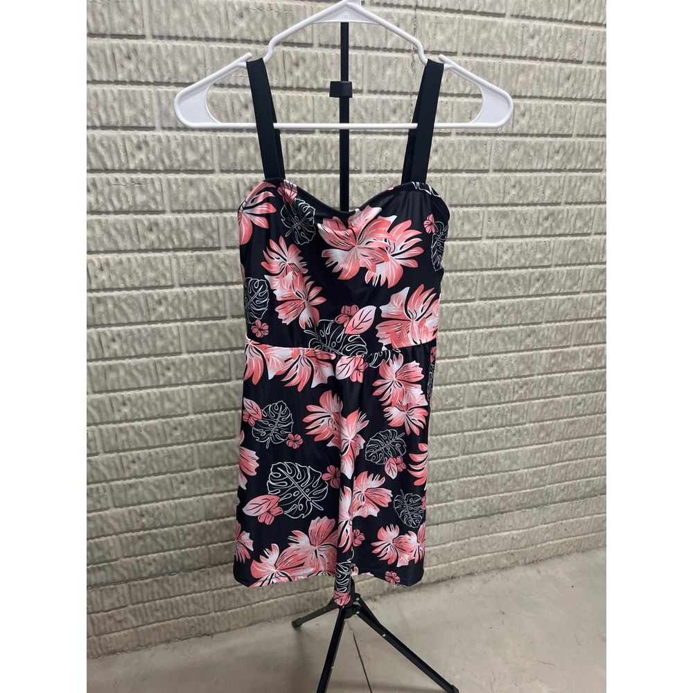Womens Floral Tropical Swim Dress Black Pink Medium Cut Back One Piece Swimsuit